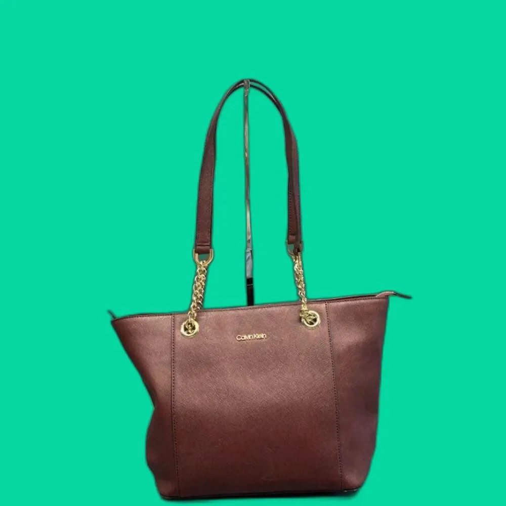 Calvin Klein Burgundy Saffiano Leather Top Zip Bag with Synthetic Trim
